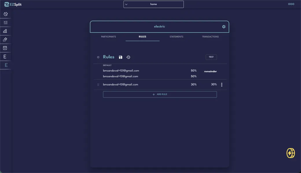 EZSplit's Rules tab — split percentages per participant with a remainder rule