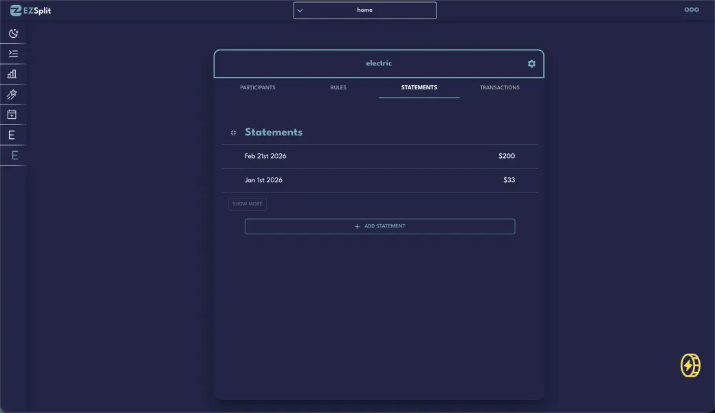 EZSplit's Statements tab — a list of dated shared bills and amounts