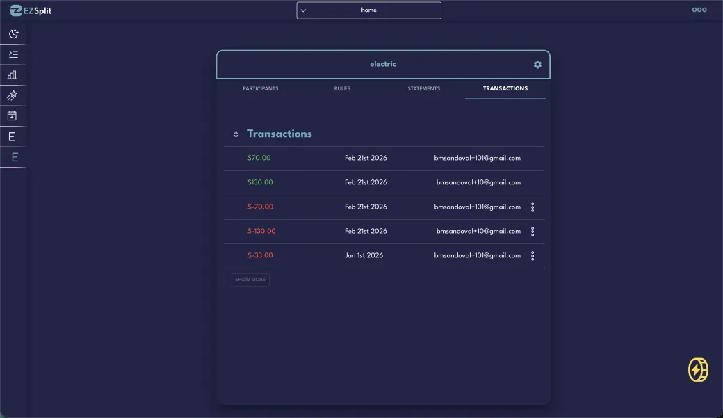 EZSplit's Transactions tab — per-person credits and debits from the split