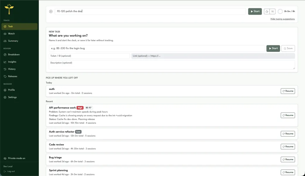 Timelord's Task screen — starting the clock on a task
