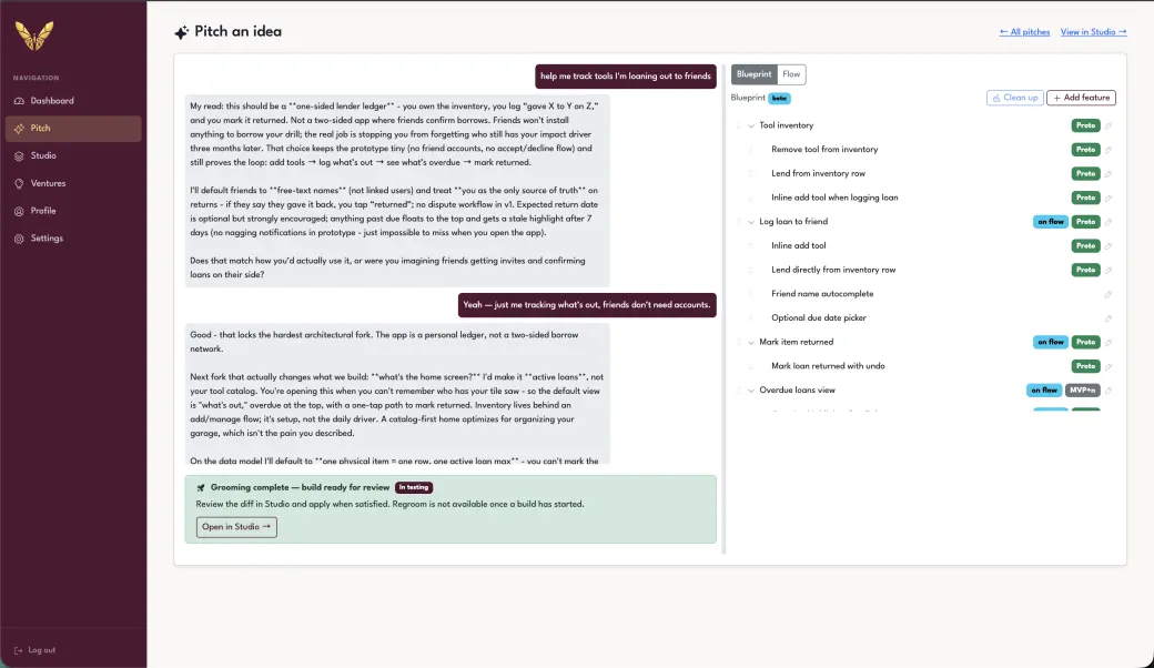 Venture's Pitch screen — a chat grooming an idea into a feature blueprint