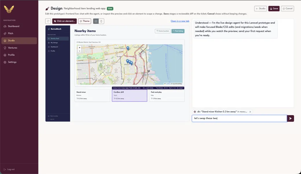 Venture's Design mode — clicking an element to edit the running prototype live