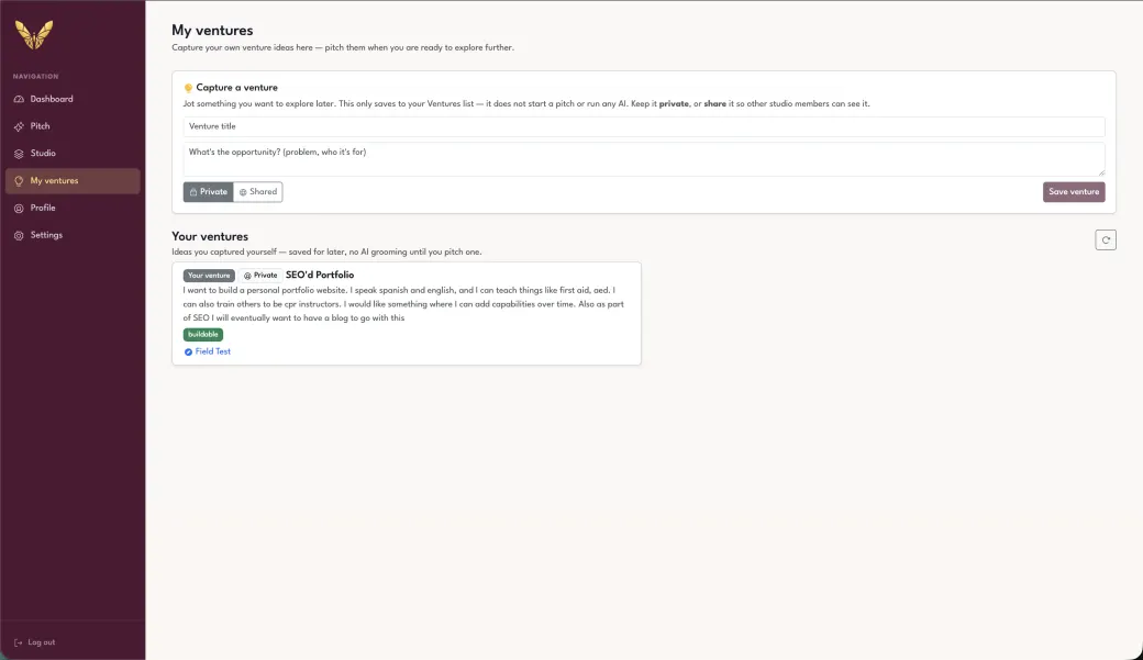 Venture's My ventures screen — capturing an idea to a private list